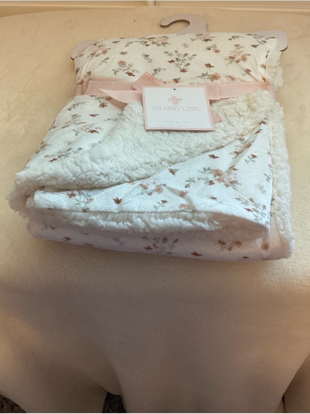 Shabby Chic Floral Sherpa Throw Blanket - White with Pink and Green Accents